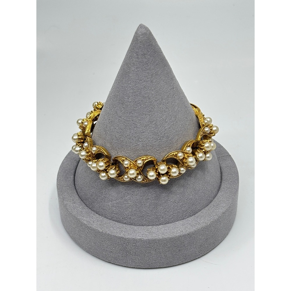 Florenza Vintage Gold Tone Faux Pearl Link Bracelet Textured Scroll